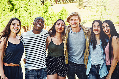 Buy stock photo Diversity, team portrait and happy friends outdoor together for support, care or solidarity in summer nature. Group, people and community of students at park for trust, laugh or connection at college