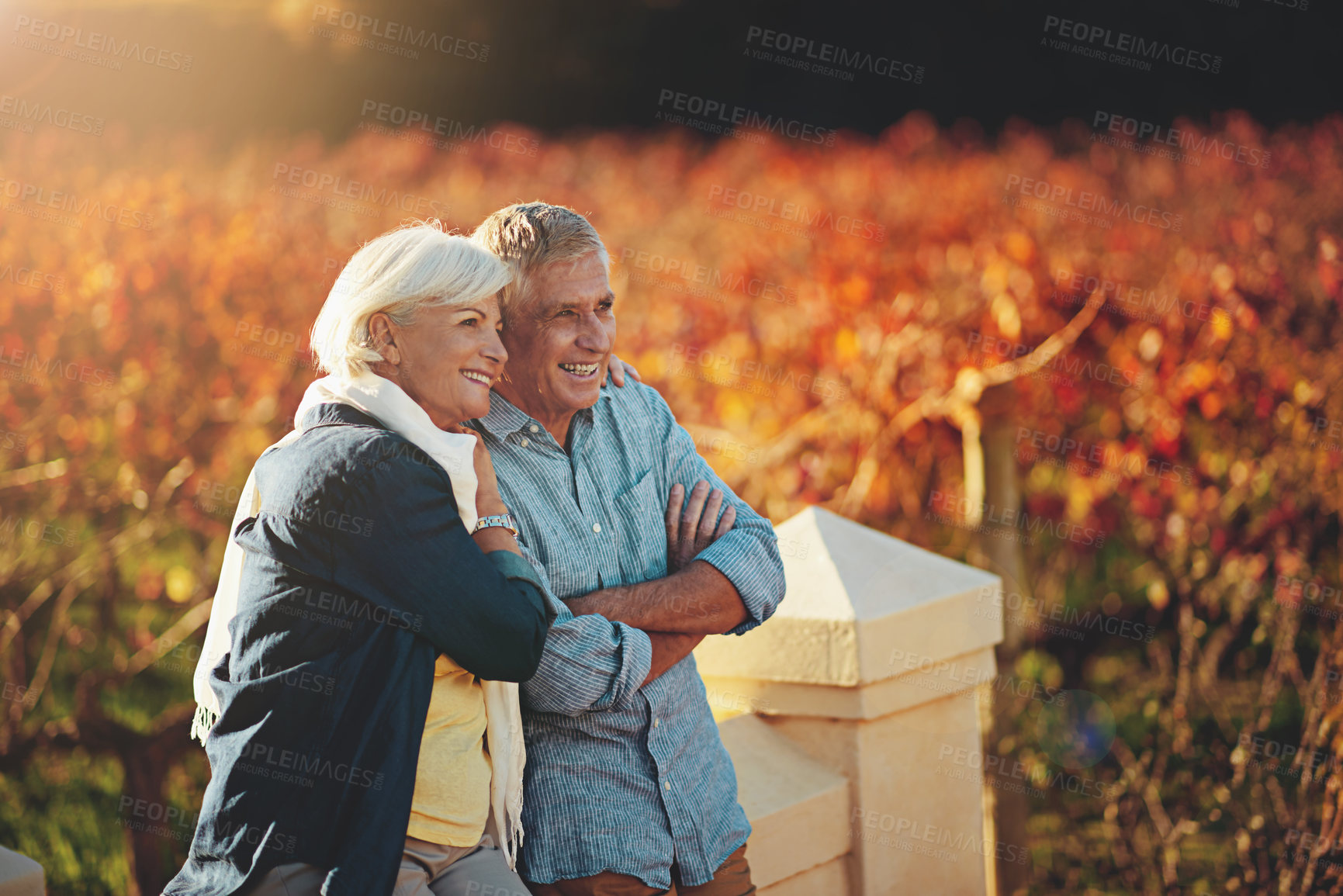 Buy stock photo Senior couple, relax and travel in outdoor for love, romance and smile in vineyard or nature. Elderly people, relationship and bonding together on vacation, holiday and calm retirement for marriage