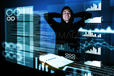 Buy stock photo Portrait of a satisfied computer programmer looking at his work late at night