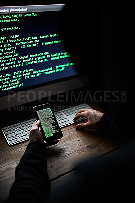 Buy stock photo Dark, computer and hacker phone with coding for password info, malware or internet crime. Screen, person and mobile with hacking website for government espionage, surveillance  and erp system virus