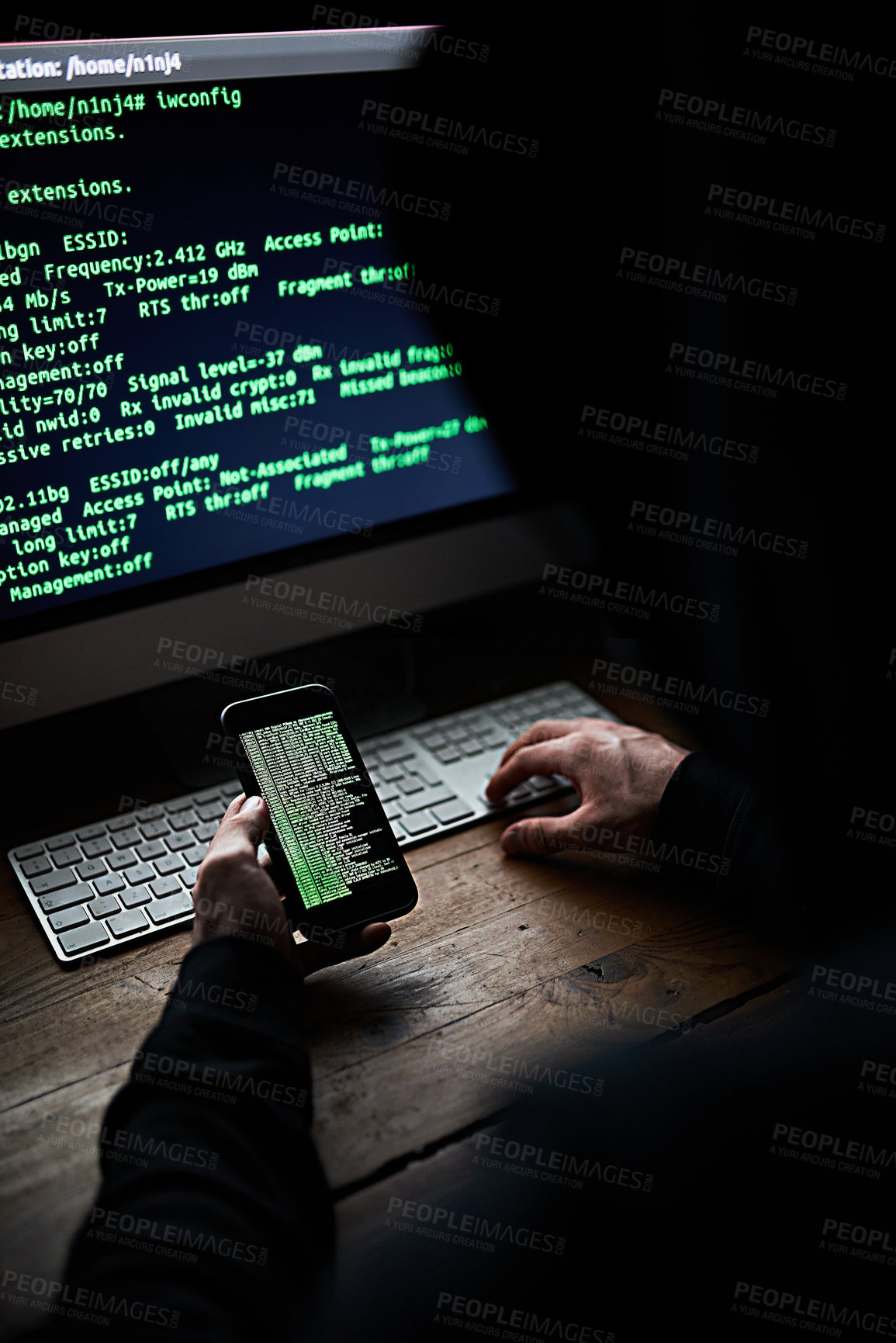 Buy stock photo Dark, computer and hacker phone with coding for password info, malware or internet crime. Screen, person and mobile with hacking website for government espionage, surveillance  and erp system virus