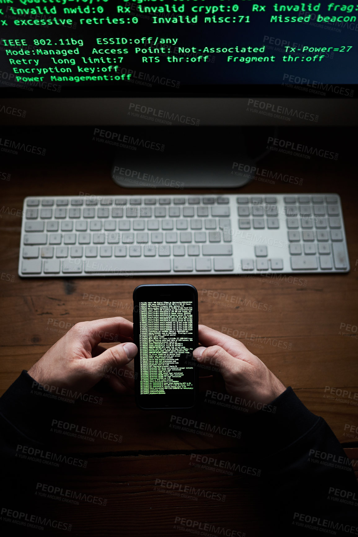 Buy stock photo Phone, programmer hands and data screen with software for hacking crime or cyber security, download or virus. Hacker, programming and thief with digital code for online glitch with web banking