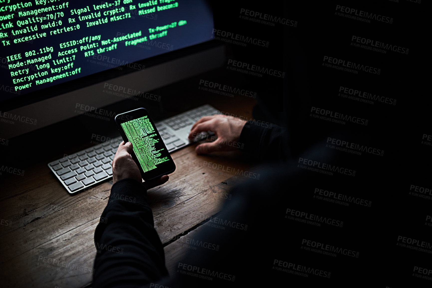 Buy stock photo Computer, cellphone and hands for hacker, coding and scam or fintech for cyber security. Dark, software and online crime for data programmer person, digital and thief on internet with technology