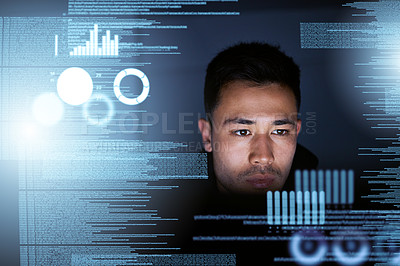 Buy stock photo Data, programmer and man with focus, hologram or cyber security with website information, futuristic or night. Male person, hacker or coder with overlay, analytics or holographic with cloud computing