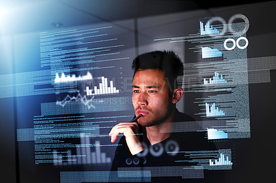 Buy stock photo Holographic, programmer and Asian man with focus, night and futuristic with cyber security, analytics or software update. Male person, professional or employee with data analysis, future and hologram
