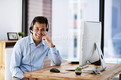 Buy stock photo Man, portrait and computer with headset for crm, customer service and telemarketing and call center. Office, smile or technology for communication for help, support and male person or agent for sales