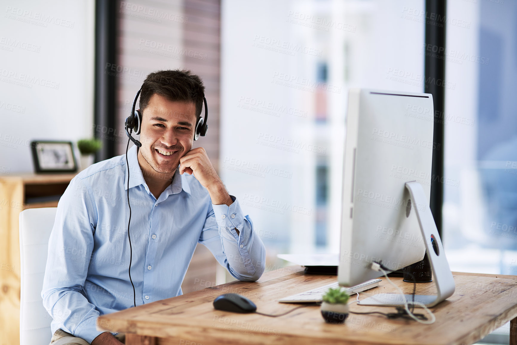 Buy stock photo Man, portrait and computer with headset for crm, customer service and telemarketing and call center. Office, smile or technology for communication for help, support and male person or agent for sales