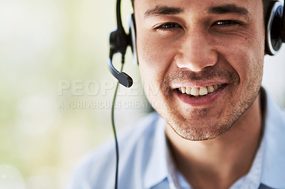 Buy stock photo Portrait of a happy young telemarketer at work