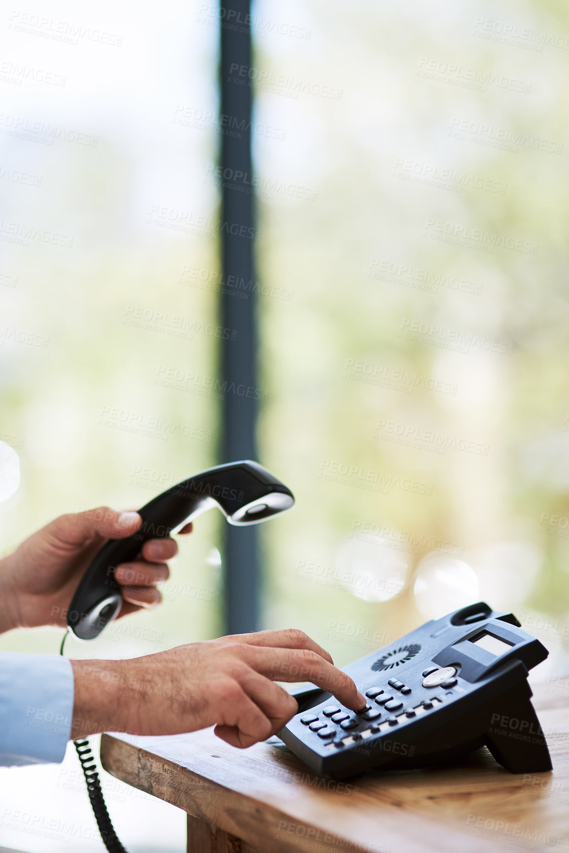 Buy stock photo Hands, receptionist and office for dial and telephone, contact us and technology for conversation. Answer, workplace and assistant for help desk and operator for person, secretary and communication
