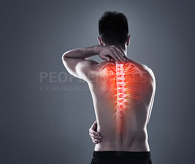 Buy stock photo Man, injury and back pain of fitness in studio, anatomy of spine and xray for diagnosis. Red glow, mockup and rear view of person for inflammation of muscle ache, spinal stenosis and gray background.