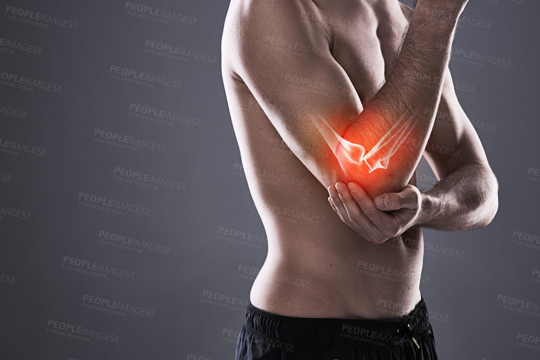 Buy stock photo Man, elbow and injury of fitness in studio, anatomy of arm and xray for diagnosis. Red glow, mockup and skeleton of person for inflammation of muscle ache, tension or arthritis and gray background.