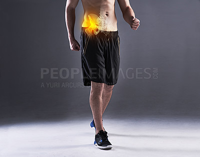 Buy stock photo X ray, injury and man in studio for fitness, wellness and training or problem for workout. Double exposure, athlete and anatomy for hip pain, performance and emergency or glow by gray background