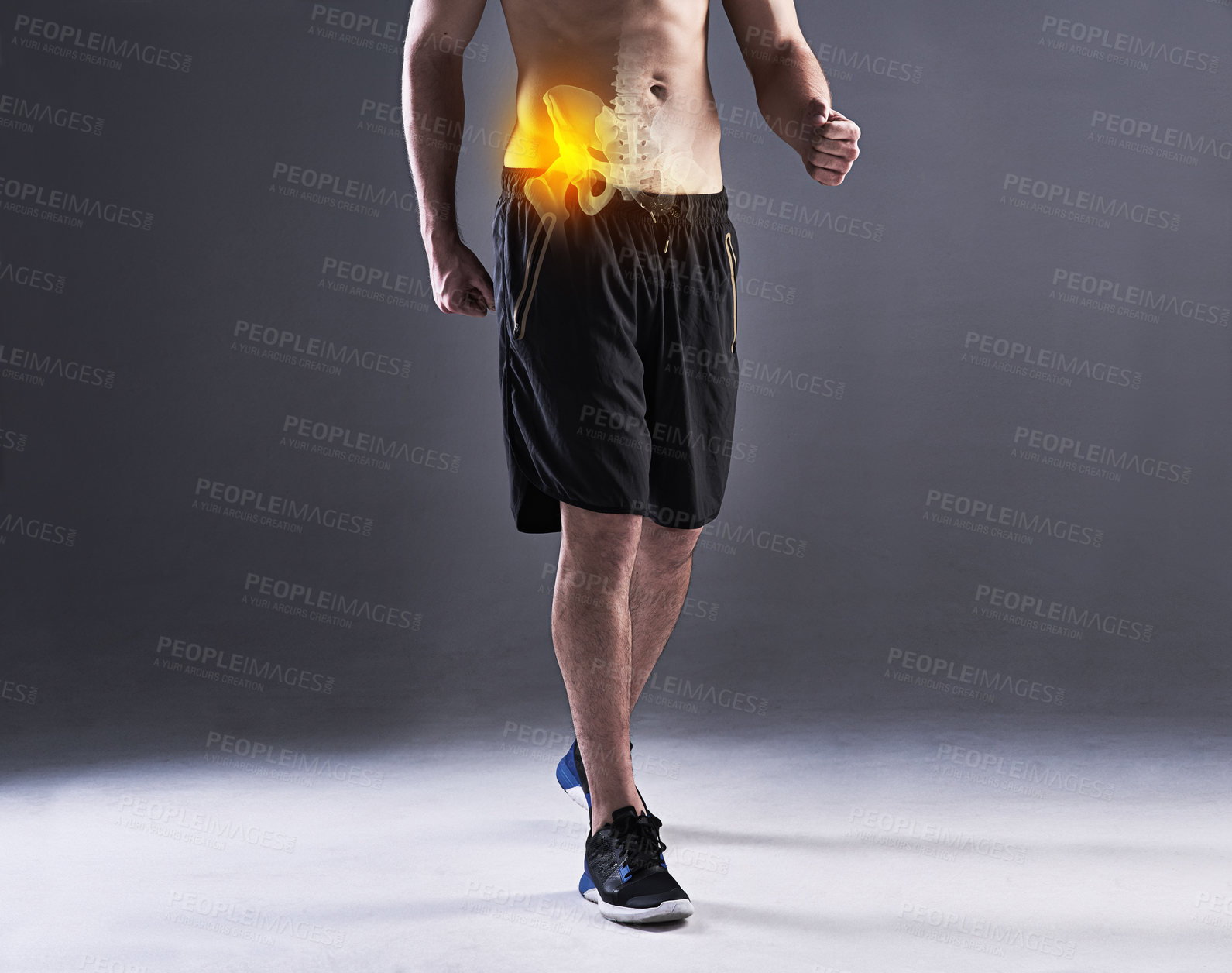 Buy stock photo X ray, injury and man in studio for fitness, wellness and training or problem for workout. Double exposure, athlete and anatomy for hip pain, performance and emergency or glow by gray background