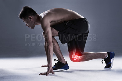 Buy stock photo Man, knee pain and injury of exercise in studio, anatomy of leg and x ray for double exposure. Red glow, person and inflammation of muscle strain or tension, ache and arthritis with gray background.