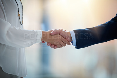 Buy stock photo Handshake, business people and partnership with hiring and welcome, team and collaboration. Recruiting, onboarding with man and woman shaking hands, agreement or congratulations for promotion