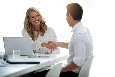 Buy stock photo Handshake, job interview or meeting with hr and business people happy in partnership isolated on white background.  Recruiting, onboarding with man and woman shaking hands with smile for promotion