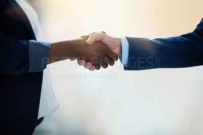 Buy stock photo Closeup hand shake, business people and agreement in office for hiring, collaboration and thank you. Woman, businessman and shaking hands with respect, deal or welcome for recruitment at interview