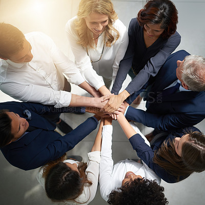 Buy stock photo Hands together, support and business people in team with top view, solidarity and trust with professional community. Diversity, collaboration and corporate group in meeting with goals and commitment
