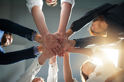 Buy stock photo Hands together, support and business people in team with goals, solidarity and trust with professional community. Diversity, collaboration and corporate group in meeting in low angle and commitment