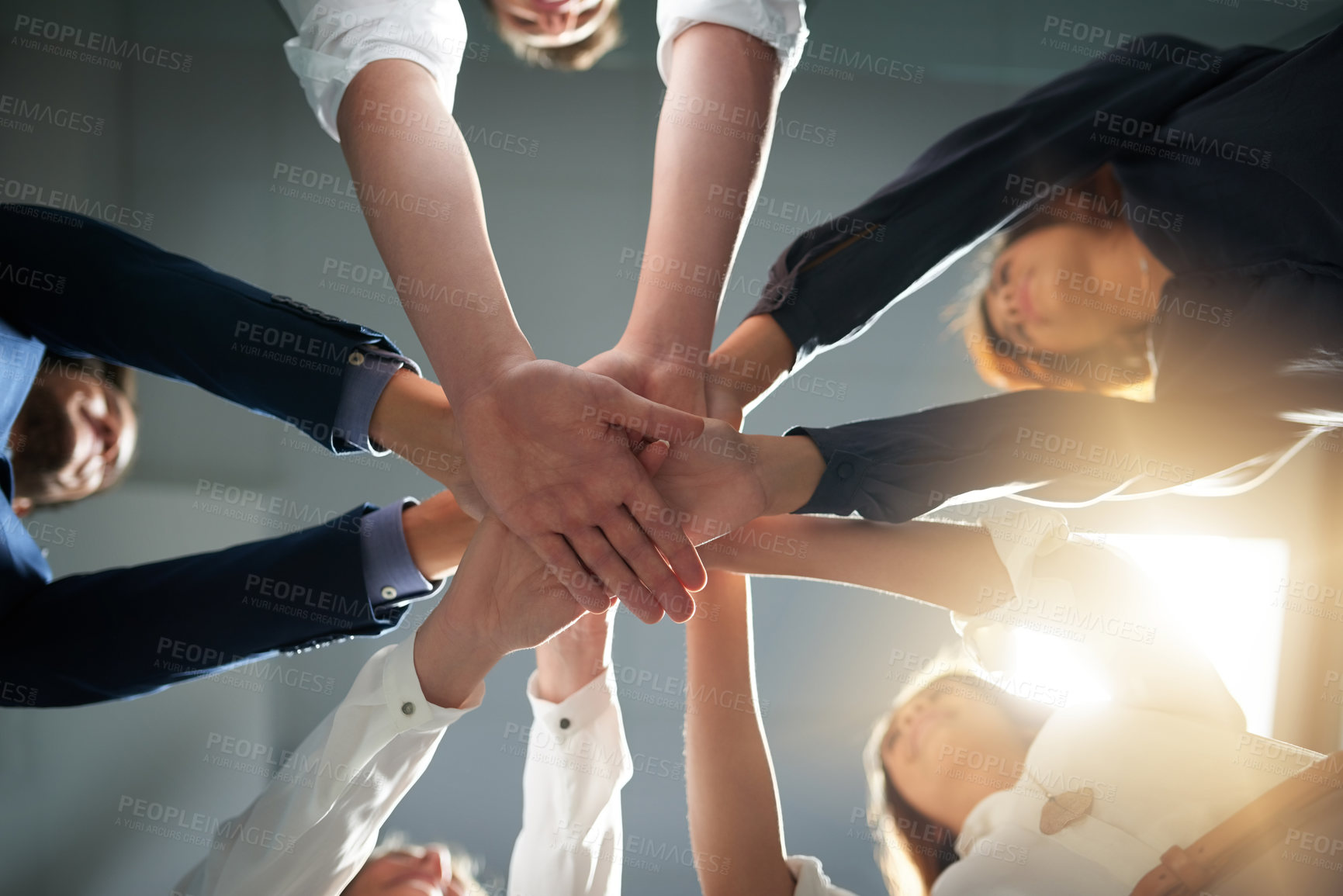 Buy stock photo Hands together, support and business people in team with goals, solidarity and trust with professional community. Diversity, collaboration and corporate group in meeting in low angle and commitment