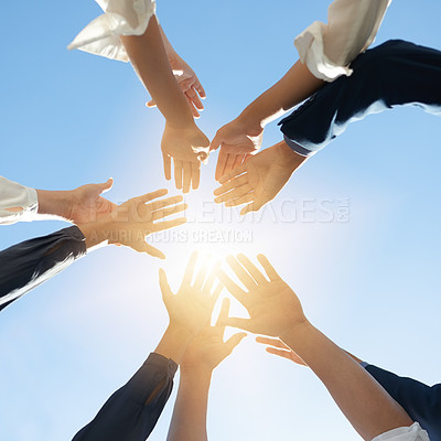 Buy stock photo Below hands circle, business people or teamwork by sky background for support, solidarity or goal. Men, women and group with helping hand in air for collaboration, motivation or outdoor team building