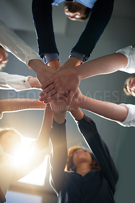 Buy stock photo Hands together, solidarity and business people in team with low angle, support and trust with professional community. Diversity, collaboration and corporate group in meeting with goals and commitment