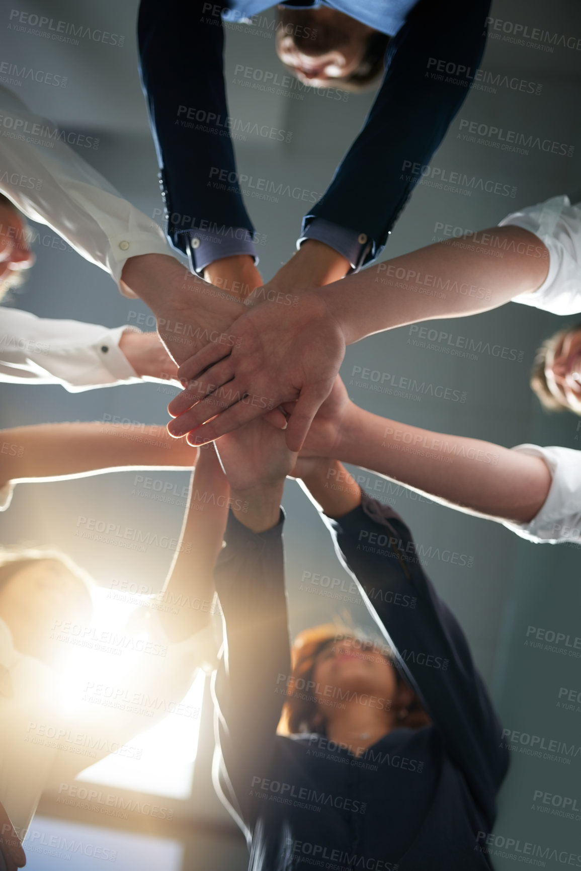 Buy stock photo Hands together, solidarity and business people in team with low angle, support and trust with professional community. Diversity, collaboration and corporate group in meeting with goals and commitment
