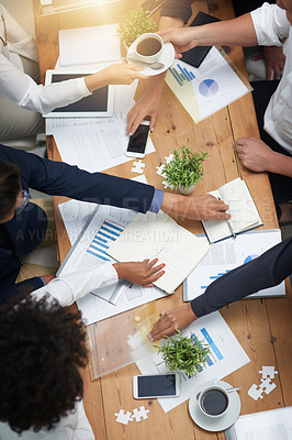 Buy stock photo Business people in meeting with collaboration, market research paperwork one table and analysis of graphs with team. Review information, data analytics and employees working together with top view