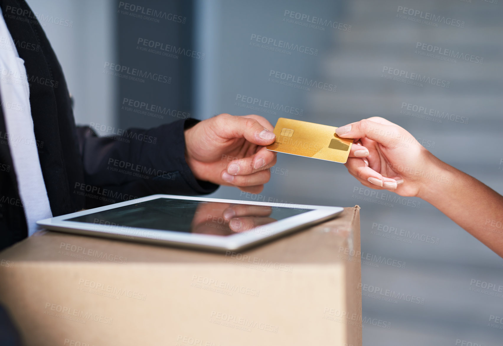 Buy stock photo Credit card, delivery and hands to purchase box, transaction and courier for shipping service. People, commercial order and payment for online shopping or package, ecommerce and tablet for sale