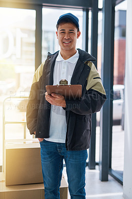 Buy stock photo Portrait of a courier making a delivery in an office