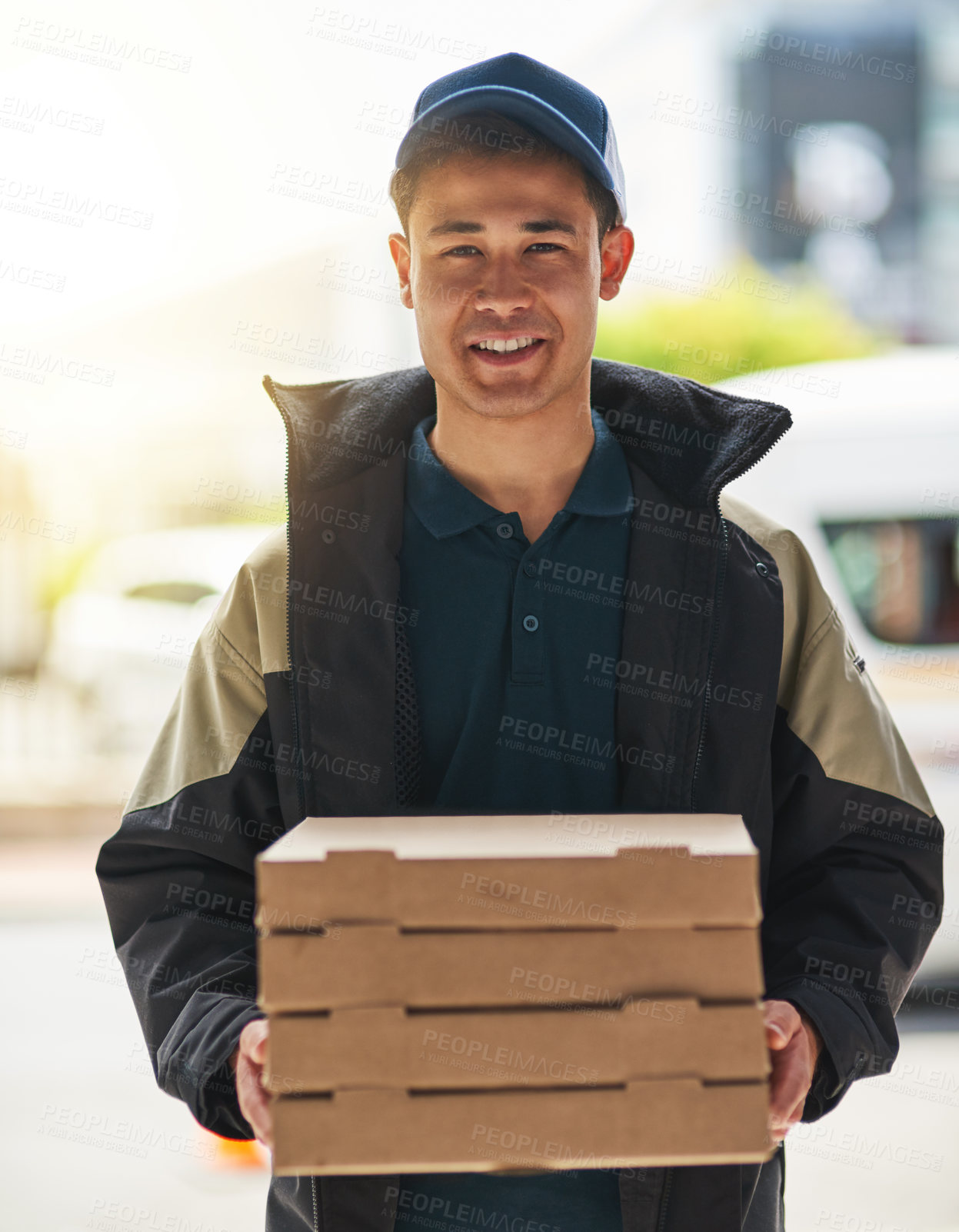 Buy stock photo Fast food, delivery man and happy portrait with pizza for distribution, online order and courier service in city. Happy, ecommerce and person with boxes for lunch, dinner and supper to home or office