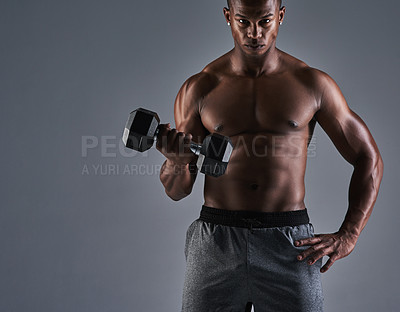 Buy stock photo Fitness, black man and weight portrait with trainer, arm muscle and strong with confidence from gym workout. Studio, training and exercise with sport wellness, health and athlete with grey background