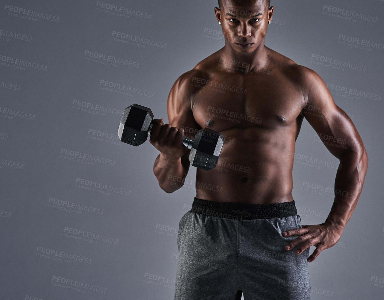 Buy stock photo Fitness, black man and weight portrait with trainer, arm muscle and strong with confidence from gym workout. Studio, training and exercise with sport wellness, health and athlete with grey background