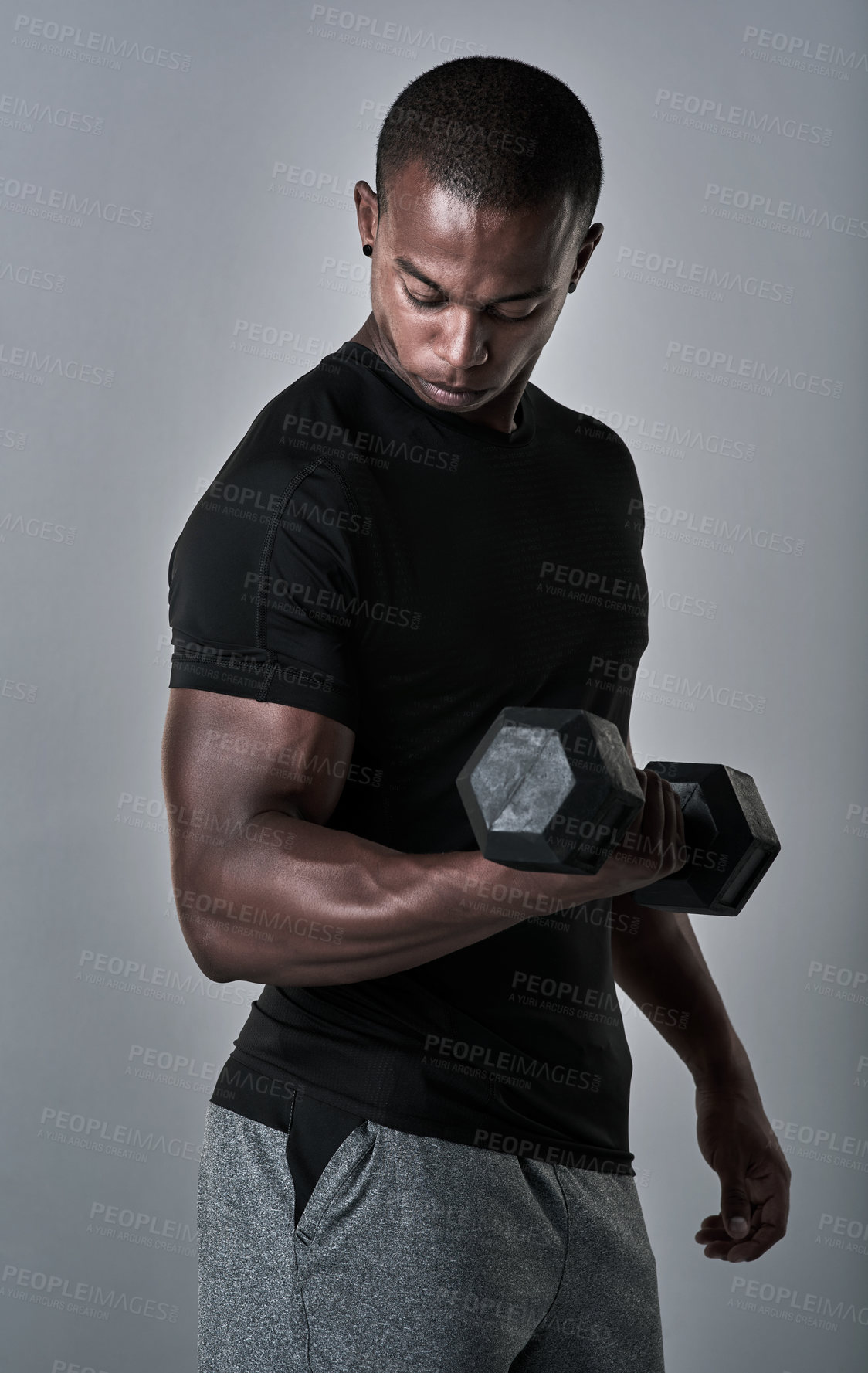 Buy stock photo Fitness, black man and weights with trainer, arm muscle and strong with confidence from gym workout. Studio, training and exercise with sport wellness, health and athlete with grey background
