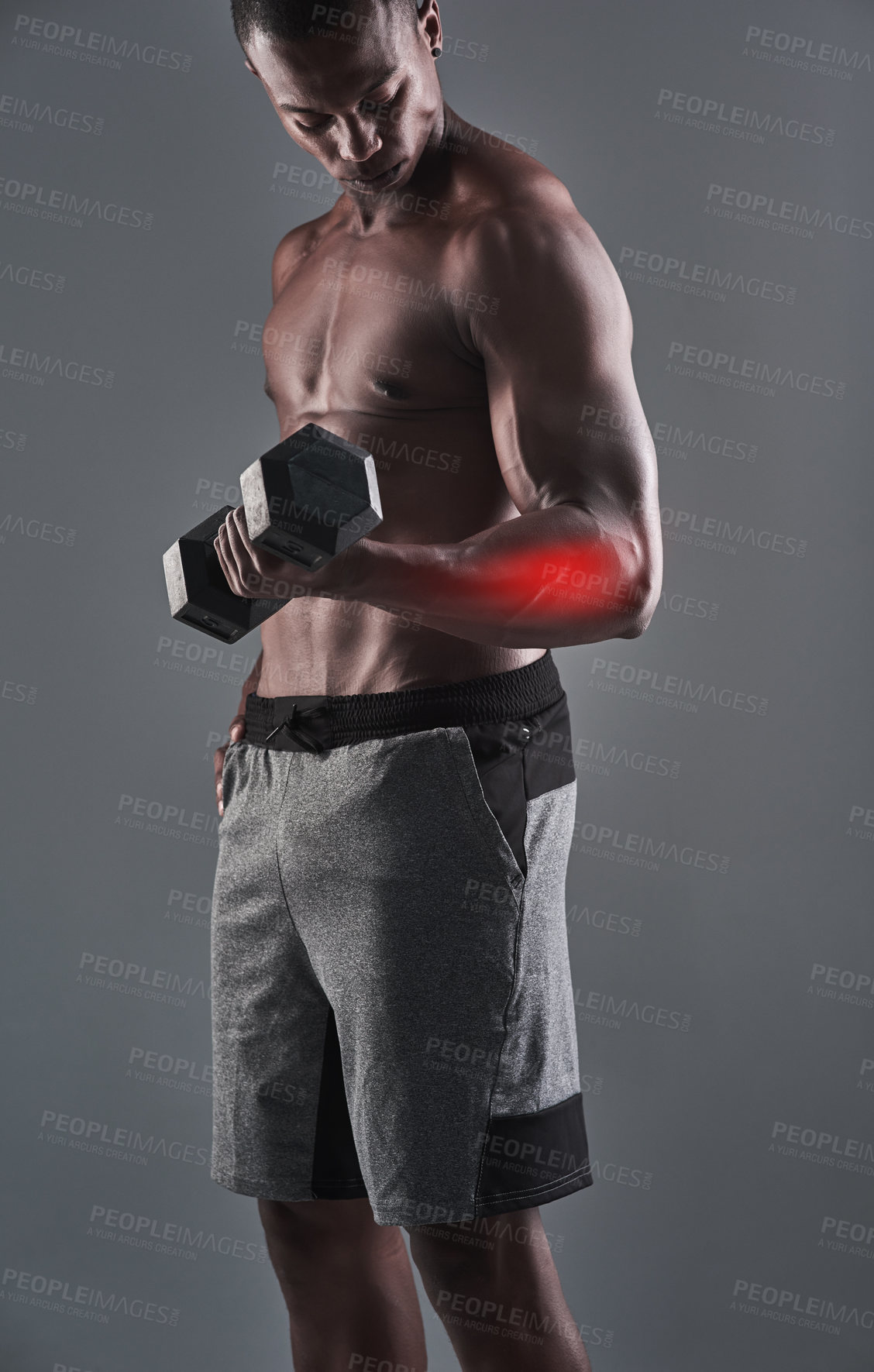 Buy stock photo Fitness, black man and weight with trainer, muscle and strong with light overlay from gym workout. Studio, training and exercise with sport wellness, health and athlete with grey background and power