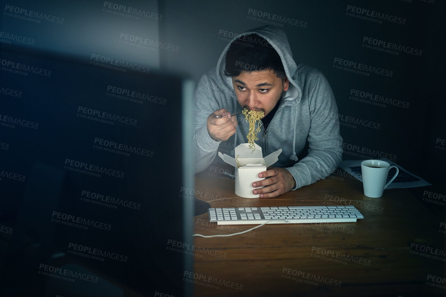 Buy stock photo Eating, computer and takeaway at night with man and coding work with deadline and ux update. Noodles, employee and programmer with code project for ui upgrade to fix glitch of company website