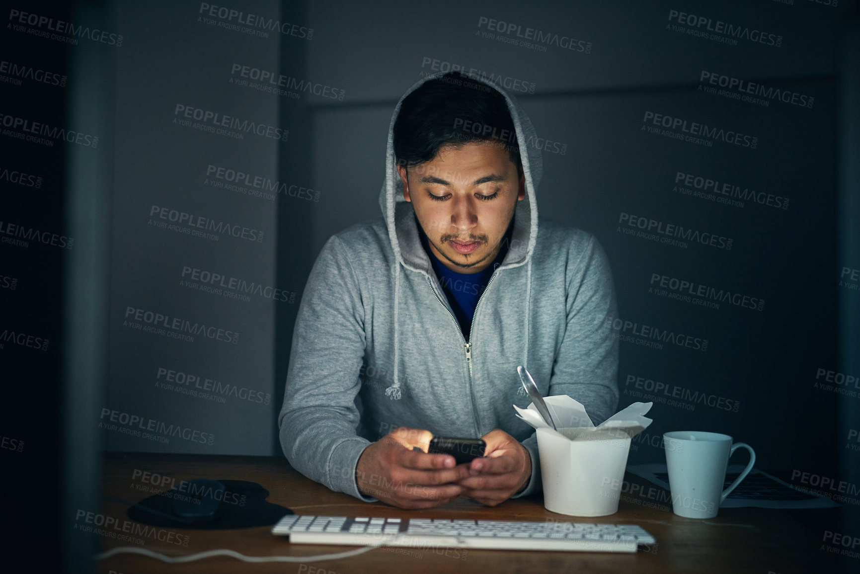 Buy stock photo Phone text, computer and takeaway at night with man and coding work with social media break. Noodles, employee and programmer with IT project for ui upgrade, software glitch and company website