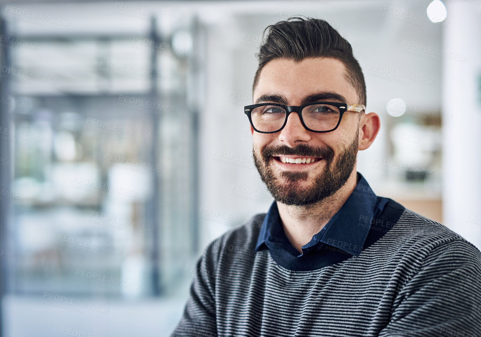 Buy stock photo Happy, glasses and portrait of business man with company pride, confidence and smile in startup. Creative agency, professional and face of person for career, work and job opportunity in office