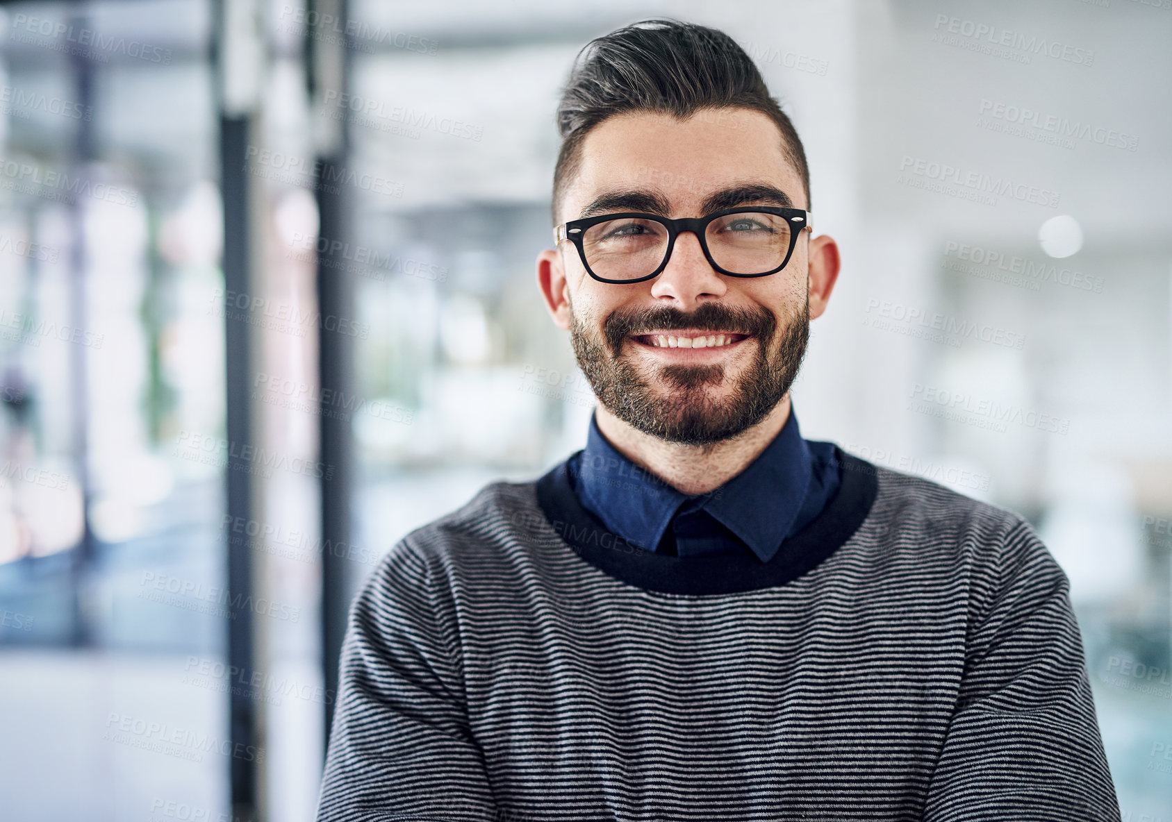 Buy stock photo Glasses, startup and portrait of business man with company pride, confidence and smile. Creative agency, professional worker and happy person for AI engineer, IT work and job opportunity in office