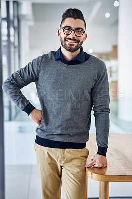 Buy stock photo Confident, startup and portrait of businessman with company pride, success mindset and smile in morning. Creative, professional mockup and happy person for career, work and job opportunity in office