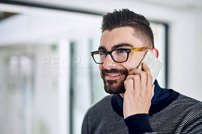 Buy stock photo Businessman, phone call and smile in office for conversation, communication and networking. Happy, technology and consultant in workplace for talking, listening and advice for client with glasses