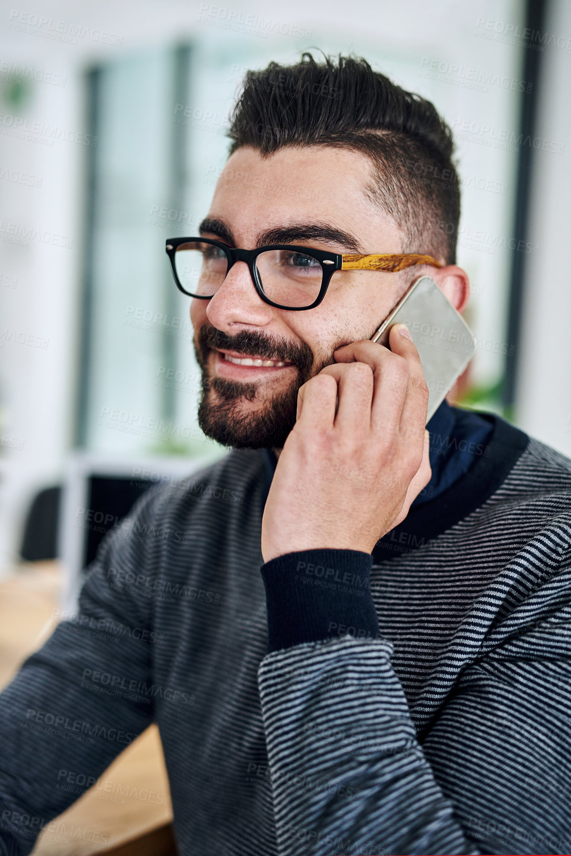 Buy stock photo Phone call, male consultant and smile in office for conversation, communication and networking. Happy, technology and businessman in workplace for talking, listening and advice for client in New York