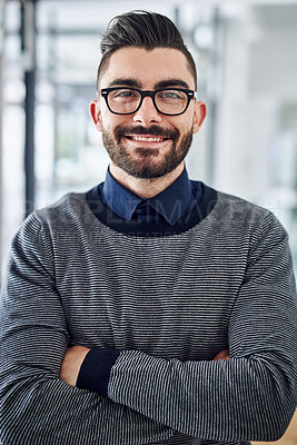 Buy stock photo Glasses, crossed arms and portrait of business man in office with company pride, confidence and smile. Creative startup, professional agency and person for career, work and job in modern workplace