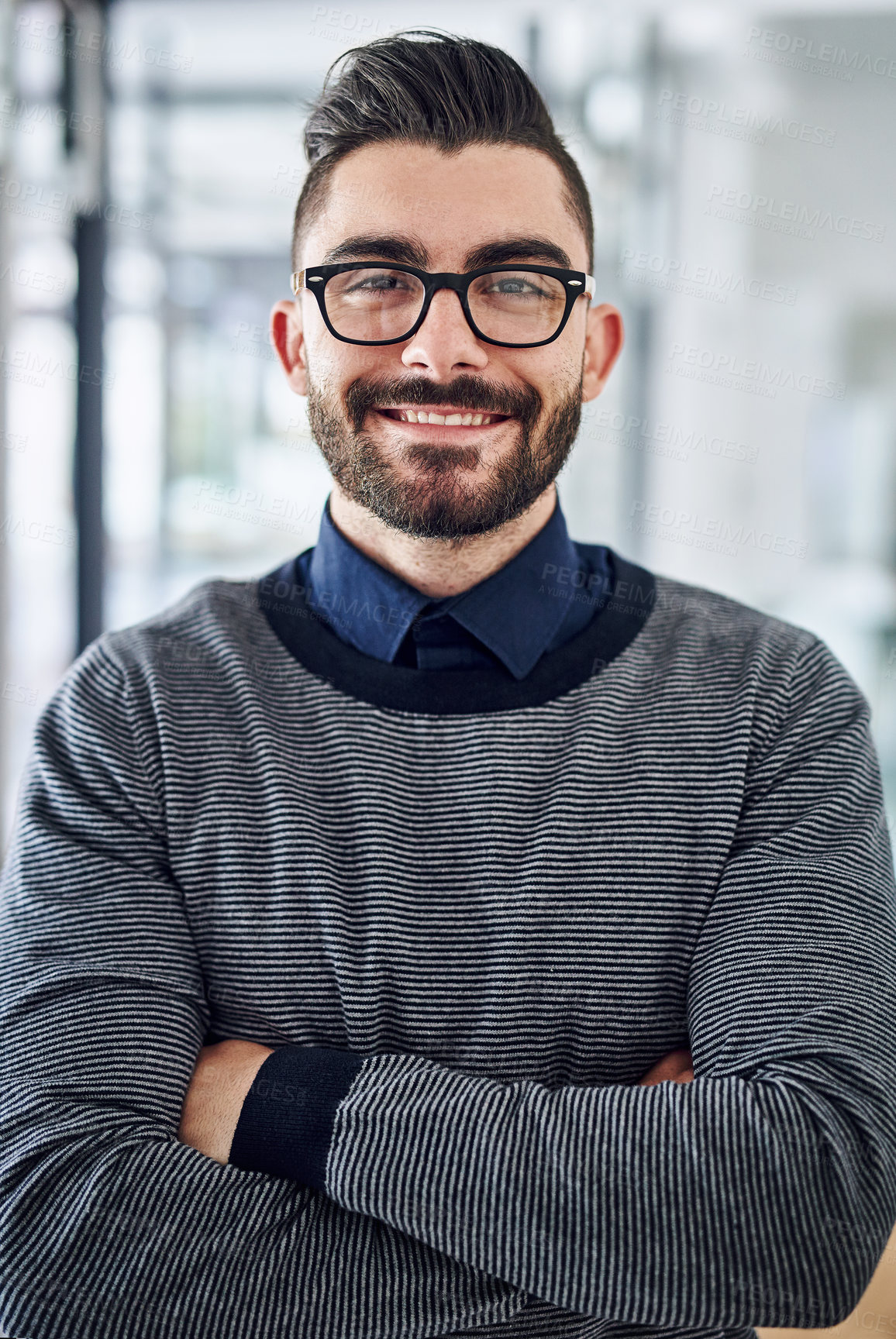 Buy stock photo Glasses, crossed arms and portrait of business man in office with company pride, confidence and smile. Creative startup, professional agency and person for career, work and job in modern workplace