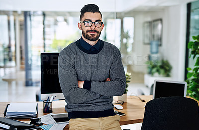 Buy stock photo Office, crossed arms and portrait of business man at desk with company pride, confidence and opportunity. Creative startup, professional agency and person for career, work and job in modern workplace
