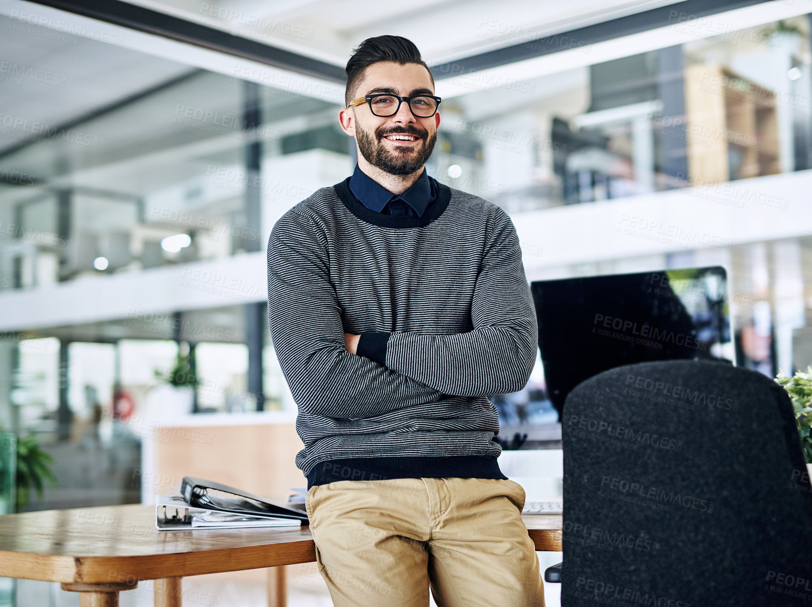 Buy stock photo Laugh, crossed arms and portrait of business man in office with company pride, confidence and smile. Creative startup, professional agency and person for career, work and job in modern workplace