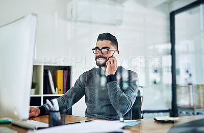 Buy stock photo Businessman, phone call and computer in office for conversation, communication and networking. Happy, technology and consultant in workplace for talking, listening and contact or advice with client 