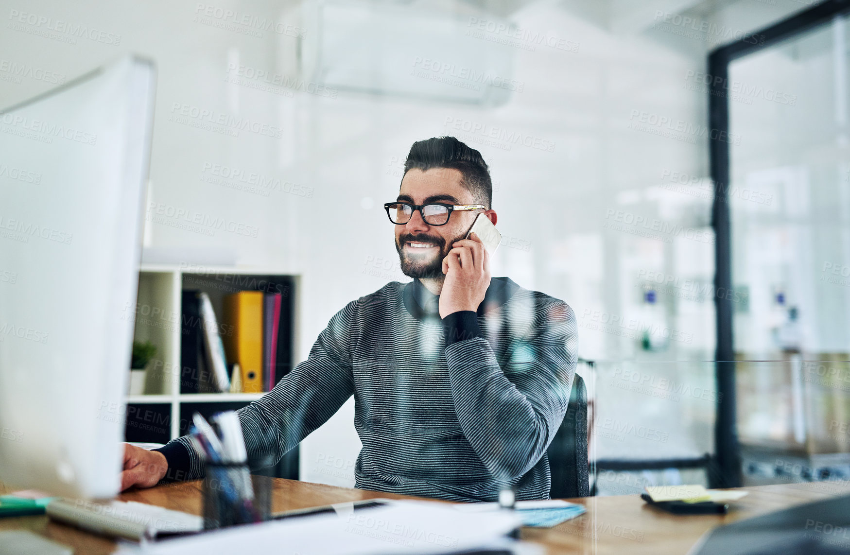 Buy stock photo Businessman, phone call and computer in office for conversation, communication and networking. Happy, technology and consultant in workplace for talking, listening and contact or advice with client 