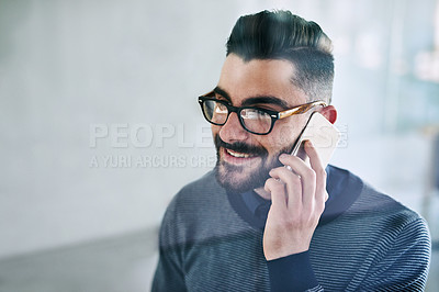 Buy stock photo Consultant, phone call and businessman in office for conversation and networking. communication, technology and mobile in workplace for talking, listening and advice or contact for client with pride