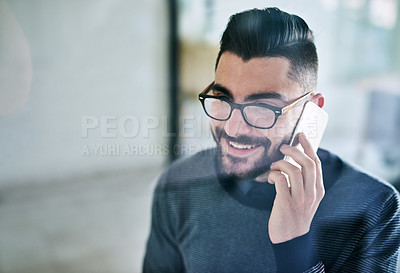 Buy stock photo Businessman, phone call and networking in office for conversation and communication with smile. Happy, technology and consultant in workplace for talking, listening and contact client for advice